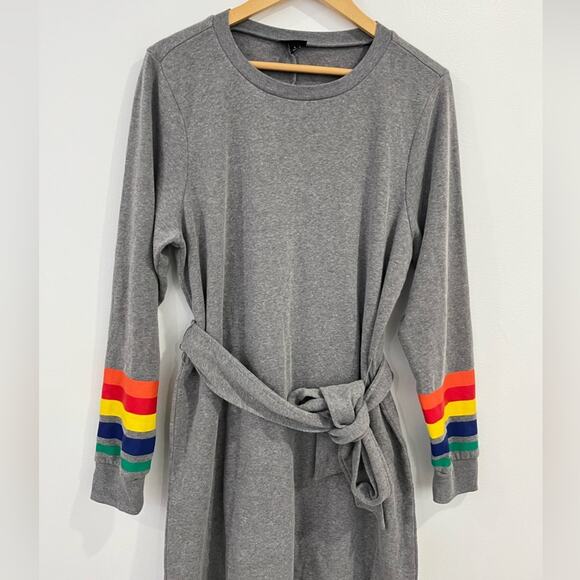 Torrid Gray Cozy Fleece Shift Dress with Rainbow Cuffed Sleeves Tie Waist 1X - Picture 4 of 9